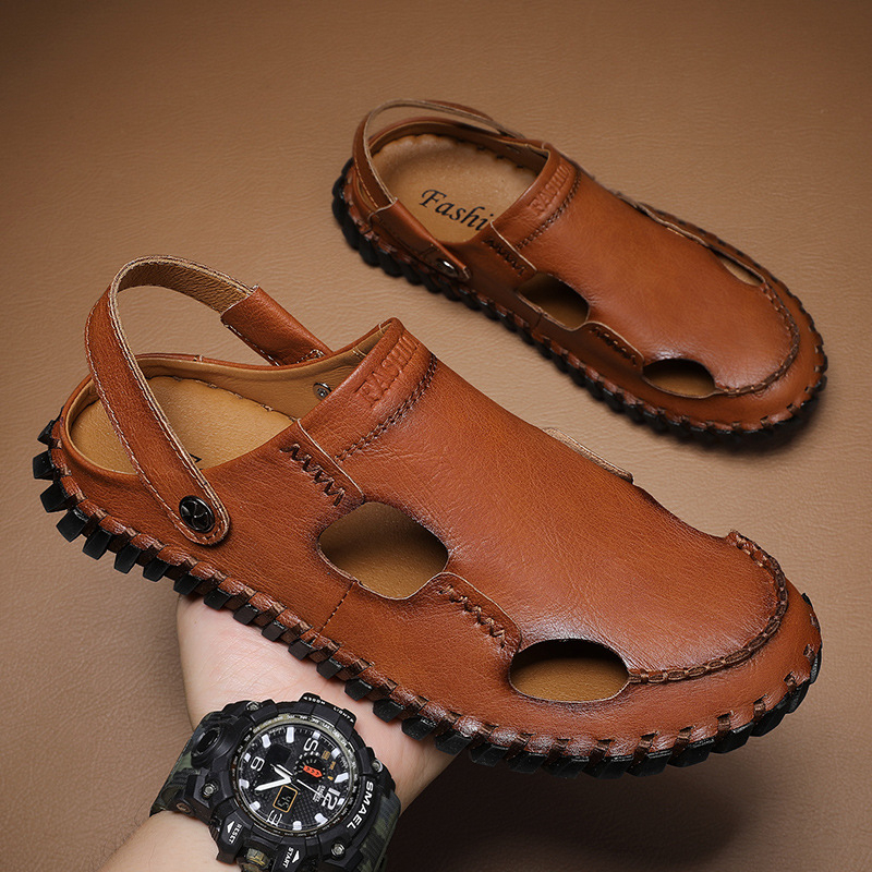 Nyári meleg 2024 új, határokon átnyúló koreai lezser plus size bőr szandál, kézzel varrott aljú, lusta strandcipő