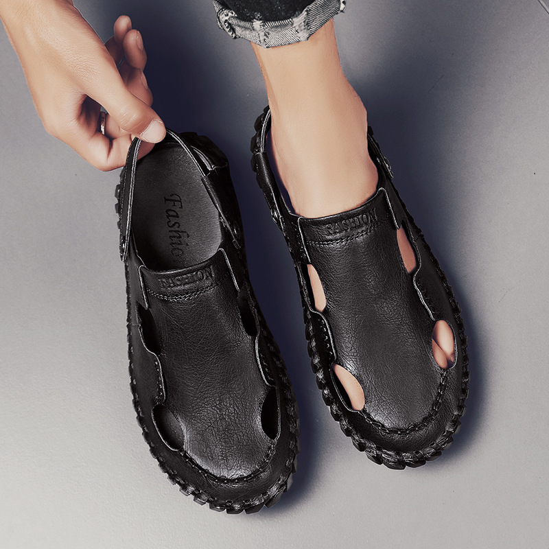 Nyári meleg 2024 új, határokon átnyúló koreai lezser plus size bőr szandál, kézzel varrott aljú, lusta strandcipő