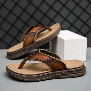 Nyári első rétegű marhabőr papucsok férfiaknak, alkalmi, lélegző külső ruházat, nagy méretű férfi szabadtéri strandpapucsok