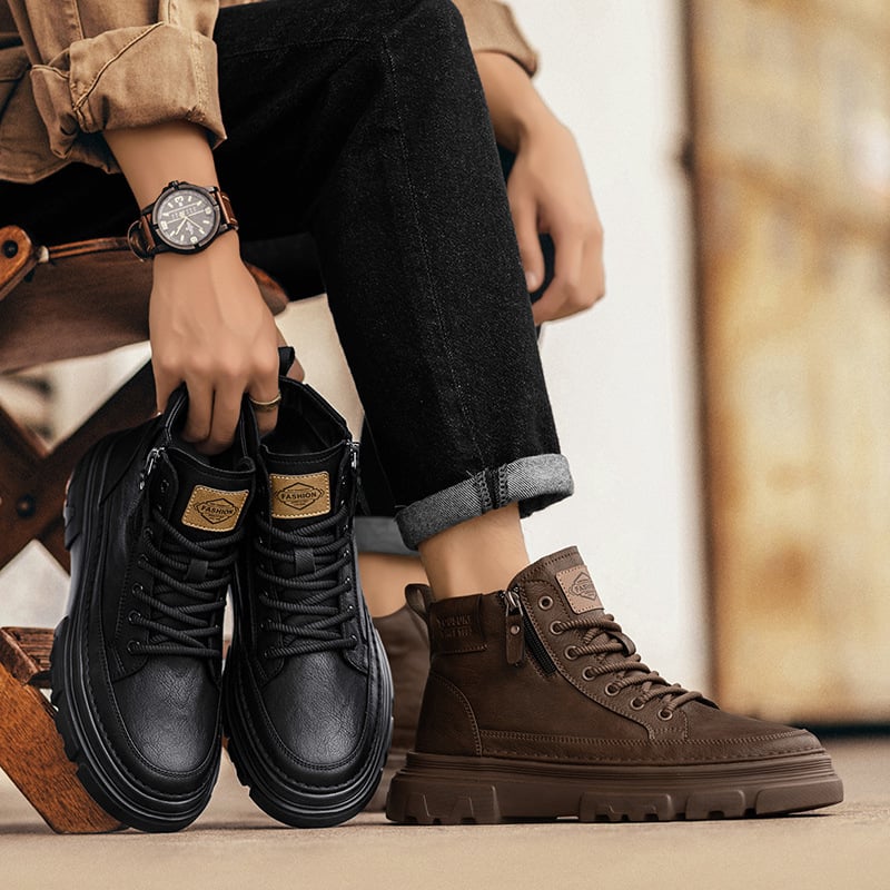 Férfi cipők 2024 téli új retró magas szárú tornacipők férfi vastag talpú alkalmi csizmák brit stílusú középmagas szárú bőrcipők