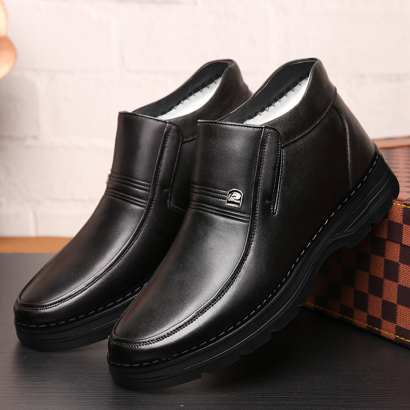 Téli, gyapjúval bélelt, meleg pamutcipő, férfi valódi bőr, gyapjú, hétköznapi, magas szárú bőrcipő, férfi csúszásgátló, puha talpú, középkorú és idős apáknak való cipő.