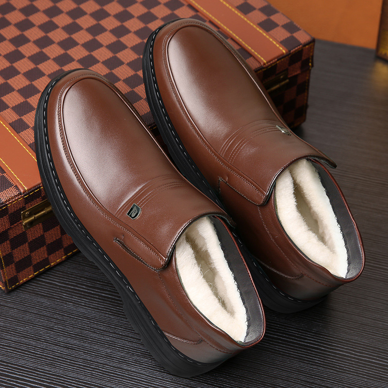 Téli, gyapjúval bélelt, meleg pamutcipő, férfi valódi bőr, gyapjú, hétköznapi, magas szárú bőrcipő, férfi csúszásgátló, puha talpú, középkorú és idős apáknak való cipő.