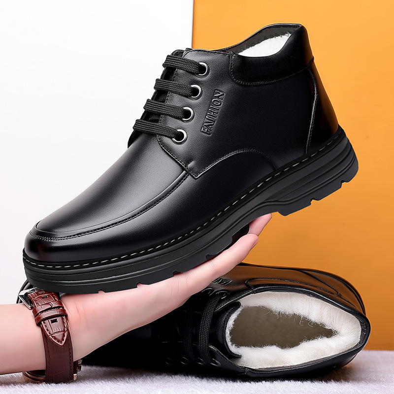 Téli, gyapjúval bélelt, meleg pamutcipő, férfi valódi bőr, gyapjú, hétköznapi, magas szárú bőrcipő, férfi csúszásgátló, puha talpú, középkorú és idős apáknak való cipő.