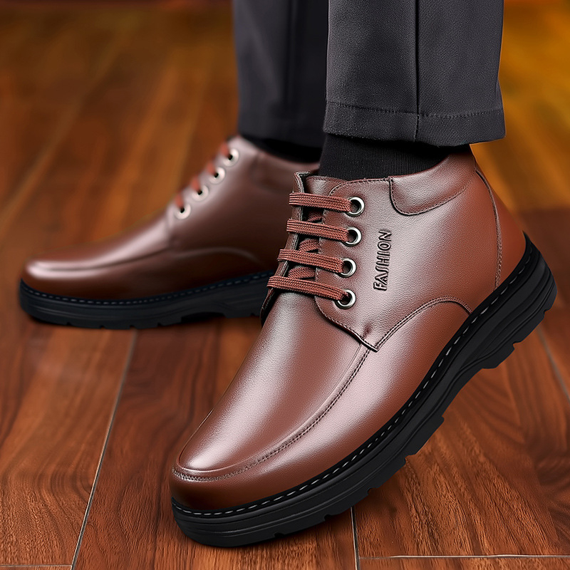 Téli, gyapjúval bélelt, meleg pamutcipő, férfi valódi bőr, gyapjú, hétköznapi, magas szárú bőrcipő, férfi csúszásgátló, puha talpú, középkorú és idős apáknak való cipő.