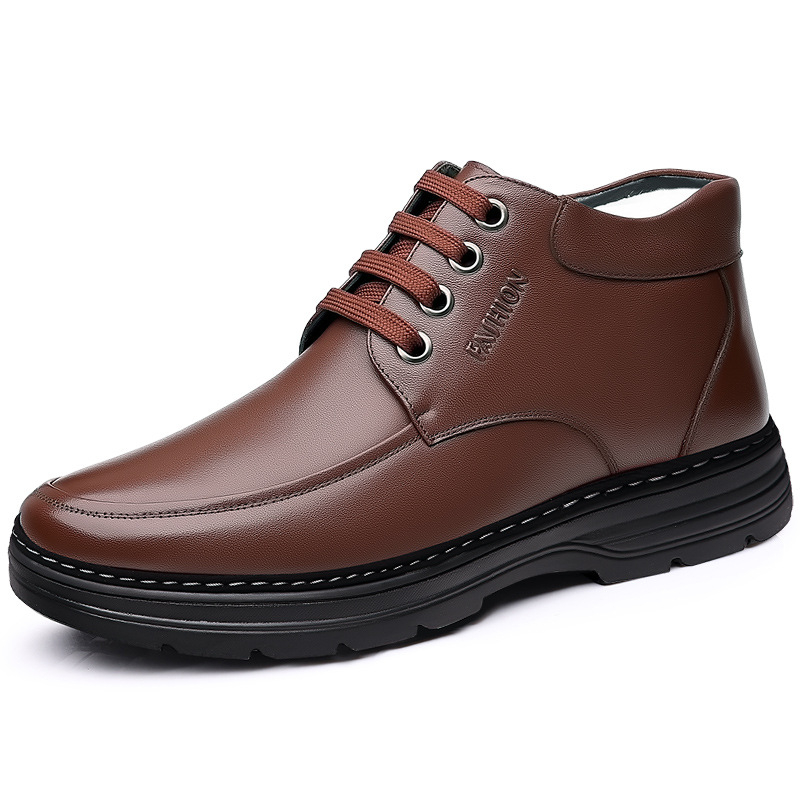 Téli, gyapjúval bélelt, meleg pamutcipő, férfi valódi bőr, gyapjú, hétköznapi, magas szárú bőrcipő, férfi csúszásgátló, puha talpú, középkorú és idős apáknak való cipő.