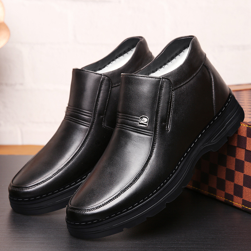 Téli, gyapjúval bélelt, meleg pamutcipő, férfi valódi bőr, gyapjú, hétköznapi, magas szárú bőrcipő, férfi csúszásgátló, puha talpú, középkorú és idős apáknak való cipő.