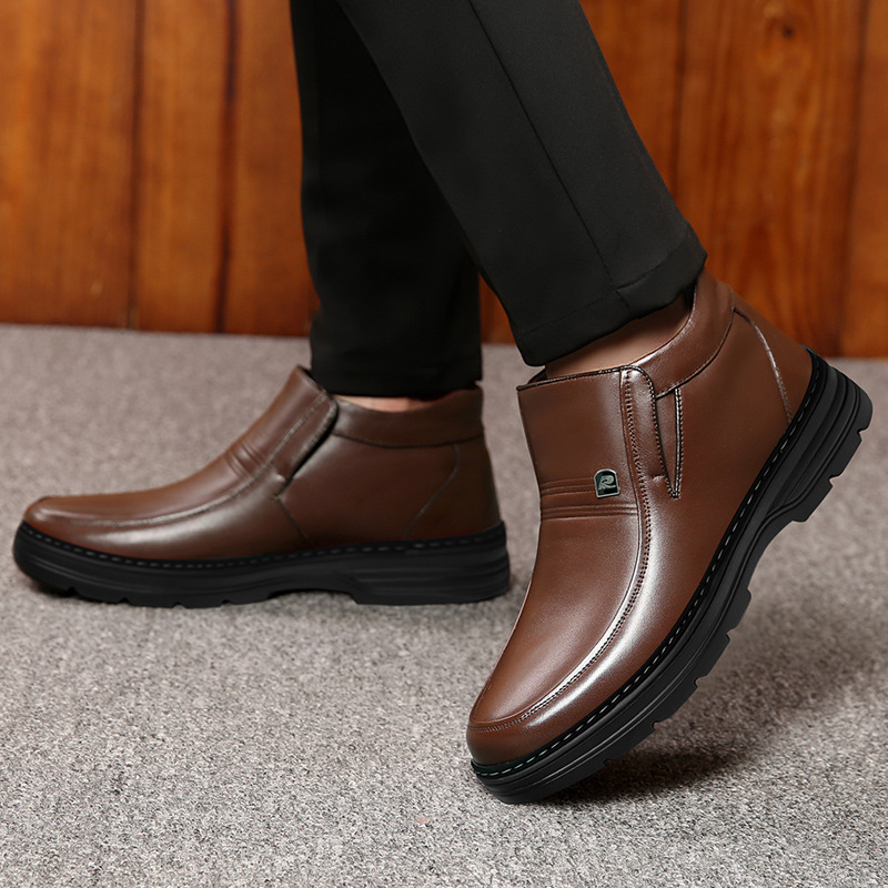Téli, gyapjúval bélelt, meleg pamutcipő, férfi valódi bőr, gyapjú, hétköznapi, magas szárú bőrcipő, férfi csúszásgátló, puha talpú, középkorú és idős apáknak való cipő.