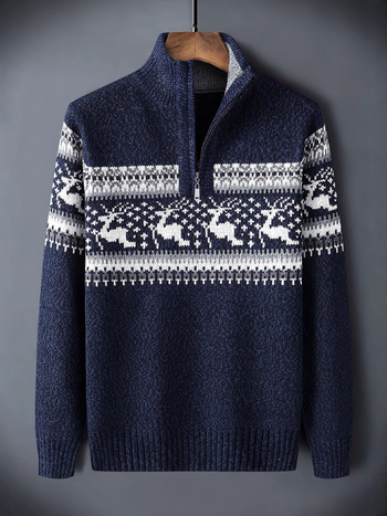 Зимно мъжко висококачествено плетено яке в корейски стил, модерно удебелено половин поло с цип, ежедневно жакардово плетено яке