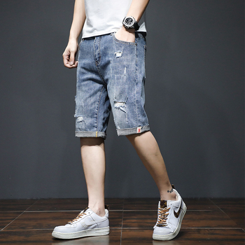 Мъжки дънкови шорти, летни тънки, широки, модерни маркови, петточкови, средно дълги панталони в корейски стил, модерни разкъсани, еластични, петточкови, бричове