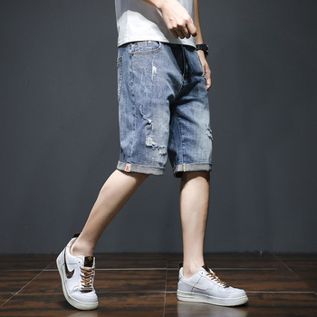 Мъжки дънкови шорти, летни тънки, широки, модерни маркови, петточкови, средно дълги панталони в корейски стил, модерни разкъсани, еластични, петточкови, бричове