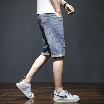 Мъжки дънкови шорти, летни тънки, широки, модерни маркови, петточкови, средно дълги панталони в корейски стил, модерни разкъсани, еластични, петточкови, бричове