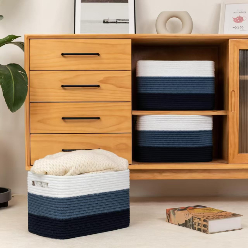 Coș de depozitare din frânghie de bumbac care se potrivește cu culorile, cadru țesut manual, gustări, coș de haine murdare, coș de depozitare pentru jucării și cărți, coș de depozitare pentru diverse obiecte