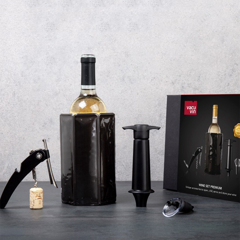 „Vacu Vin“ vyno rinkinys, importuotas iš Nyderlandų, ledo maišelis, butelių atidarytuvas, butelių kamštis, vakuuminis vyno rinkinys