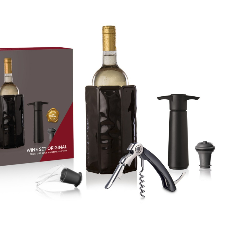 Hollandiából importált Vacu Vin borkészlet, jégzsákos palacknyitó, palackdugós vákuumos borkészlet