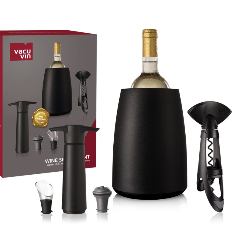 Hollandiából importált Vacu Vin borkészlet, jégzsákos palacknyitó, palackdugós vákuumos borkészlet