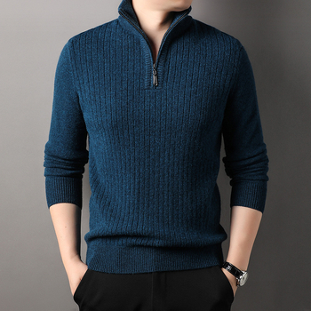 Мъжки вълнен пуловер с поло яка и цип за есен и зима 2024 г., плетен от чиста вълна, топъл основен пуловер
