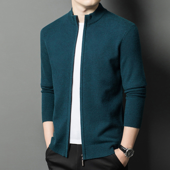 Плетено яке с цип от овча вълна, есен и зима, чист цвят, младежки корейски стил, ежедневен пуловер с яка и стойка