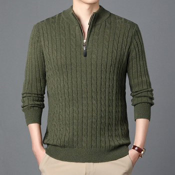 Външнотърговски трансграничен трикотаж Мъжки чист цветен усукан трикотаж Пуловер с цип за средна възраст Трикотаж Мъжка риза с долна част