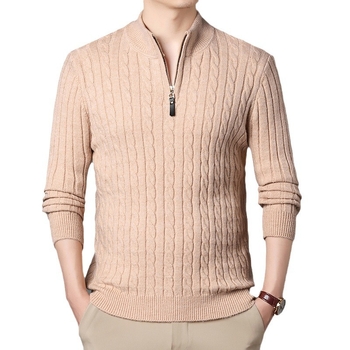 Външнотърговски трансграничен трикотаж Мъжки чист цветен усукан трикотаж Пуловер с цип за средна възраст Трикотаж Мъжка риза с долна част