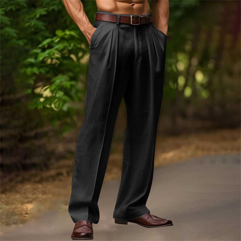 Bărbați noi de comerț exterior cu buzunare oblice cu clapă, pantaloni bi-fold din in, culoare solidă, în aer liber, respirabil, pantaloni drepți largi