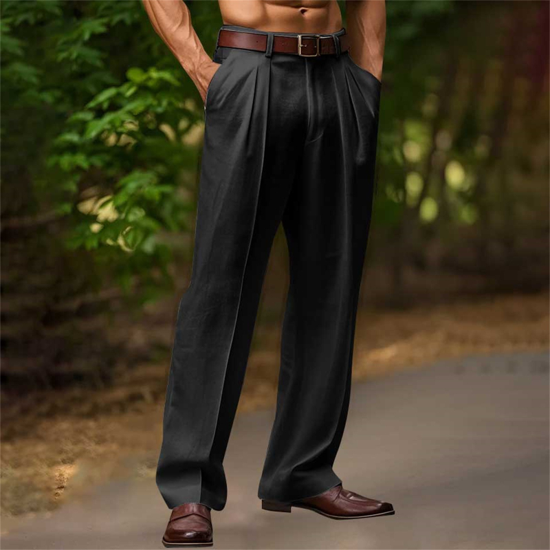 Bărbați noi de comerț exterior cu buzunare oblice cu clapă, pantaloni bi-fold din in, culoare solidă, în aer liber, respirabil, pantaloni drepți largi