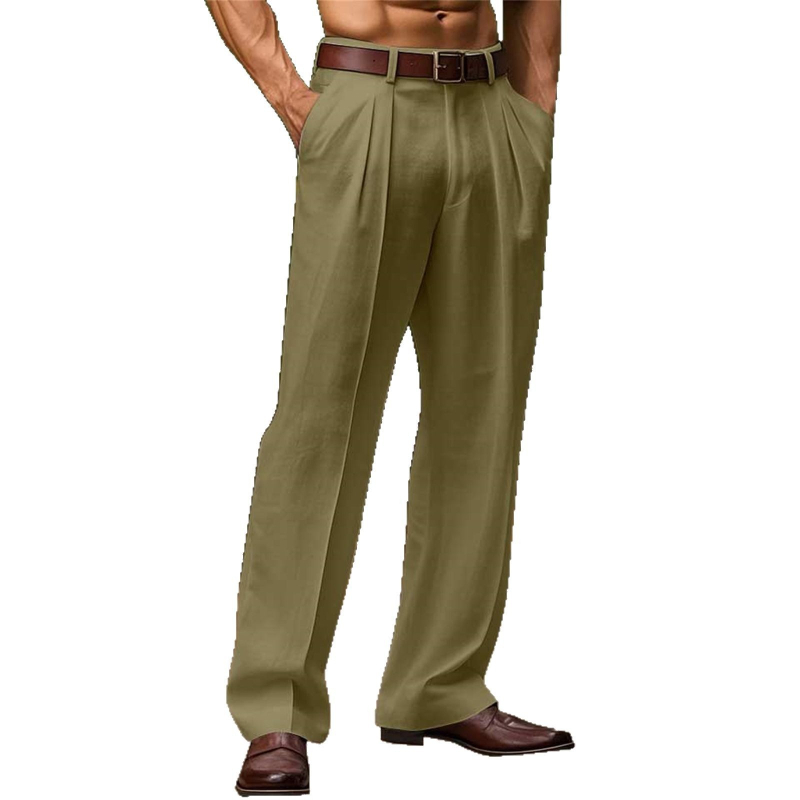 Bărbați noi de comerț exterior cu buzunare oblice cu clapă, pantaloni bi-fold din in, culoare solidă, în aer liber, respirabil, pantaloni drepți largi