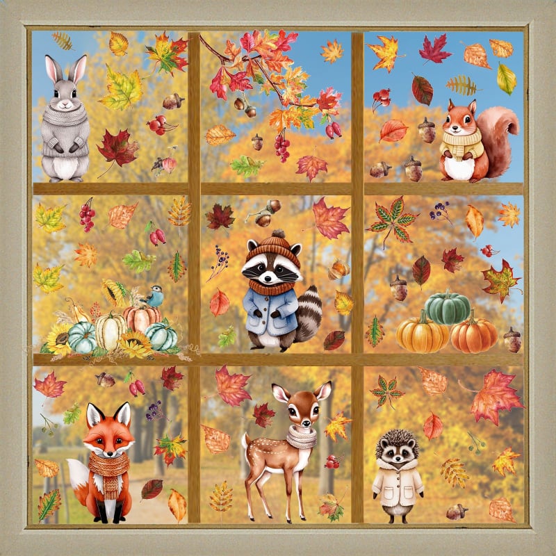 2025 Autocolante statice pentru ferestre cu tematică transfrontalieră Amazon Toamnă Ziua Recunoștinței, frunze de arțar, dovleac, animale, autocolante pentru ferestre din sticlă