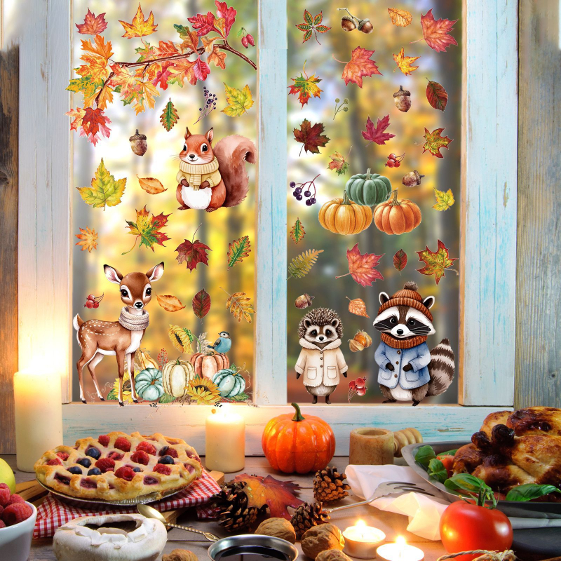 2025 Autocolante statice pentru ferestre cu tematică transfrontalieră Amazon Toamnă Ziua Recunoștinței, frunze de arțar, dovleac, animale, autocolante pentru ferestre din sticlă