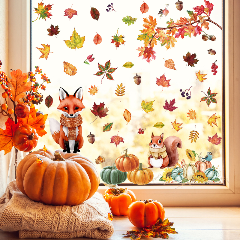 2025 Autocolante statice pentru ferestre cu tematică transfrontalieră Amazon Toamnă Ziua Recunoștinței, frunze de arțar, dovleac, animale, autocolante pentru ferestre din sticlă