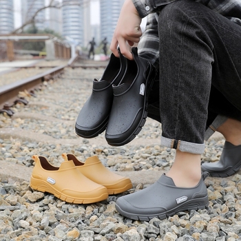 Pārrobežu modes īsie mucas lietus zābaki vīriešu universālie virsdrēbes ūdens apavi neslīdoši virtuves gumijas apavi ūdensizturīgi nodilumizturīgi automazgātavas apavi vasarai
