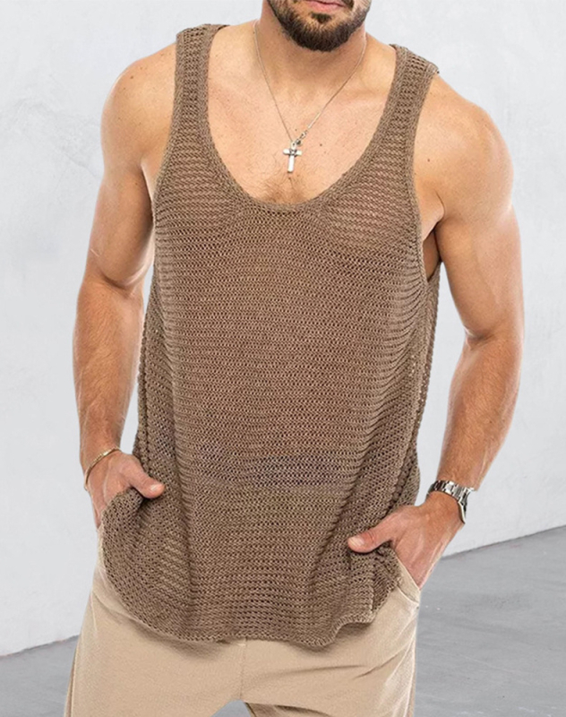Europski i američki muški ležerni top, modni proljetni i ljetni top bez rukava, pleteni muški pulover u jednoj boji