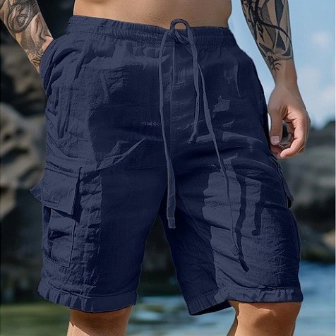 2025 Трансгранични памучни и ленени шорти с връзки, еластична талия, прави крачоли, чист цвят, дишащи ежедневни плажни панталони с пет точки