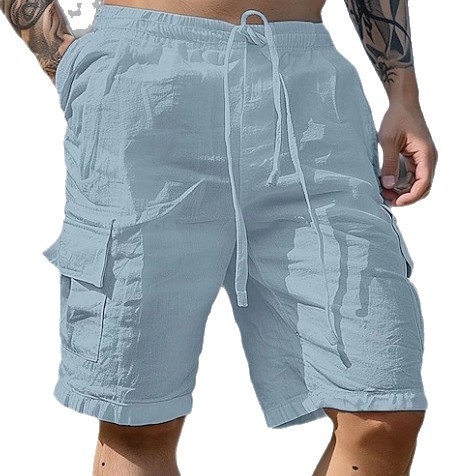 2025 Трансгранични памучни и ленени шорти с връзки, еластична талия, прави крачоли, чист цвят, дишащи ежедневни плажни панталони с пет точки