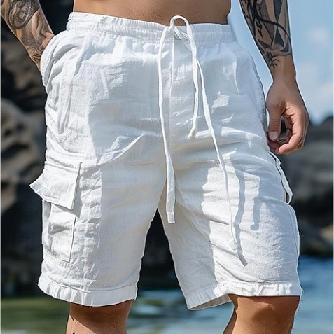 2025 Трансгранични памучни и ленени шорти с връзки, еластична талия, прави крачоли, чист цвят, дишащи ежедневни плажни панталони с пет точки