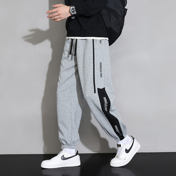 Pantaloni sport pentru bărbați, stil Hong Kong, stil casual, căptușit cu fleece, îngroșat, stil casual, imprimat, pantaloni sport