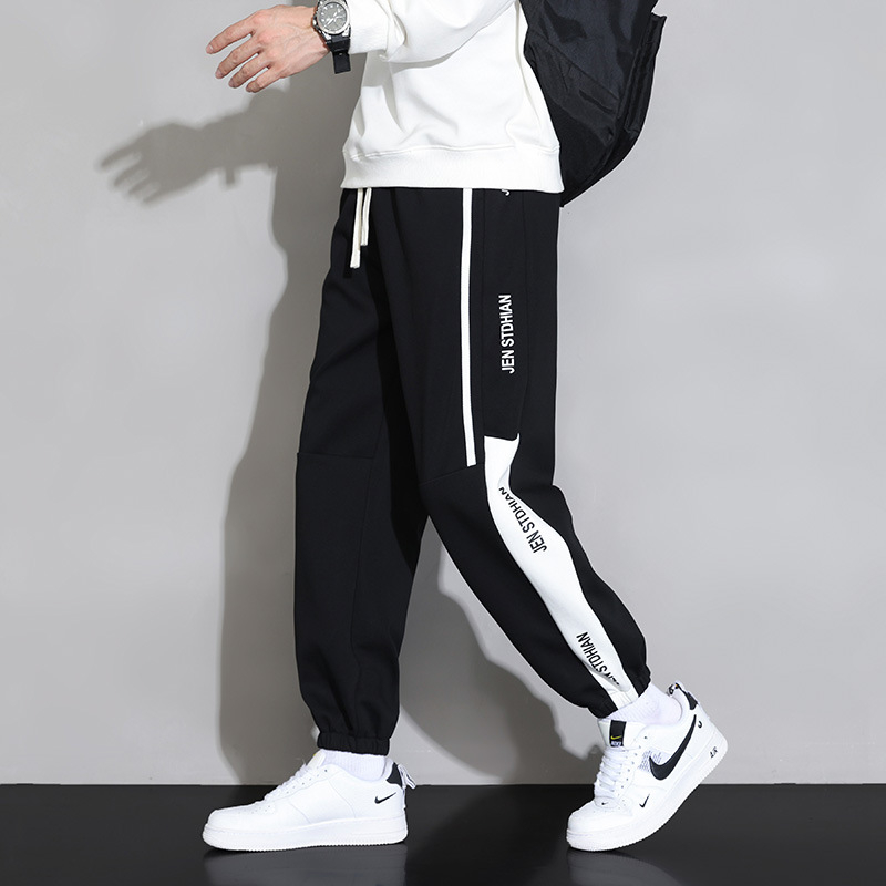 Pantaloni sport pentru bărbați, stil Hong Kong, stil casual, căptușit cu fleece, îngroșat, stil casual, imprimat, pantaloni sport
