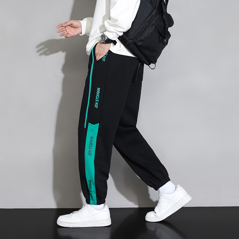 Pantaloni sport pentru bărbați, stil Hong Kong, stil casual, căptușit cu fleece, îngroșat, stil casual, imprimat, pantaloni sport