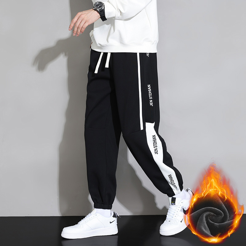 Pantaloni sport pentru bărbați, stil Hong Kong, stil casual, căptușit cu fleece, îngroșat, stil casual, imprimat, pantaloni sport