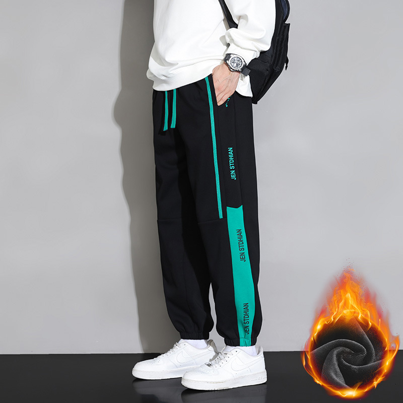 Pantaloni sport pentru bărbați, stil Hong Kong, stil casual, căptușit cu fleece, îngroșat, stil casual, imprimat, pantaloni sport