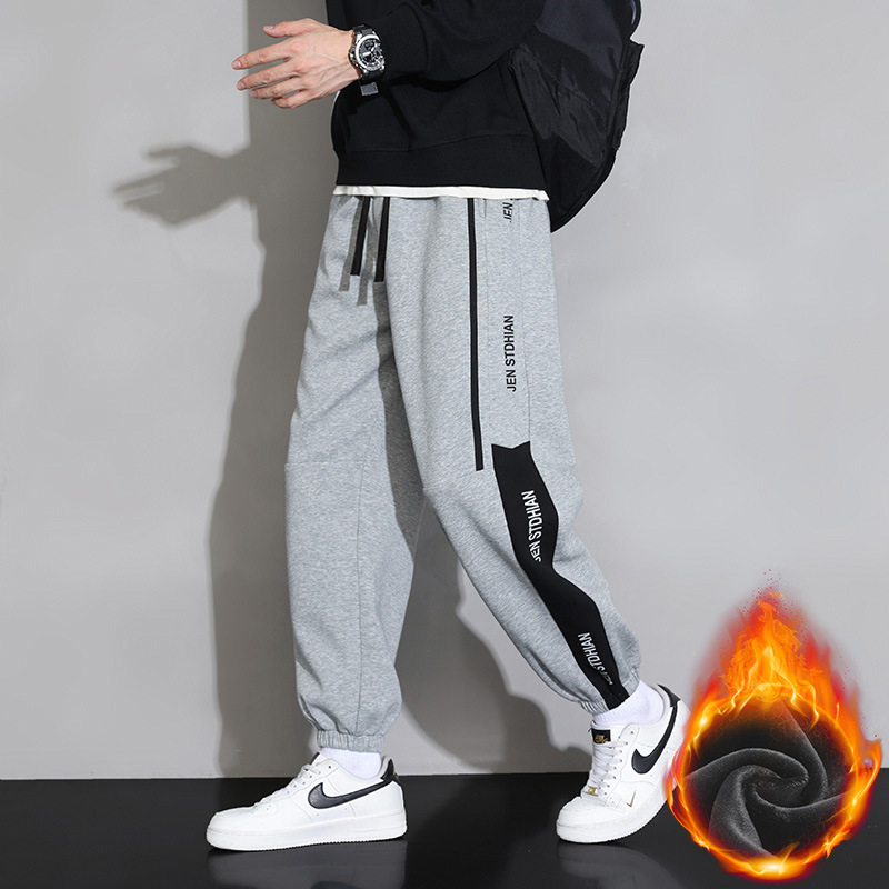 Pantaloni sport pentru bărbați, stil Hong Kong, stil casual, căptușit cu fleece, îngroșat, stil casual, imprimat, pantaloni sport