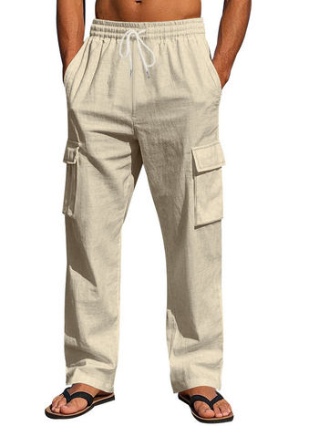 Férfi Határokon Átnyúló, Amerikai Stílusú, Pamut és Len Több Zsebes Cargo Nadrág, Nagy Méretű, Laza, Hosszú, Egyenes Nadrág