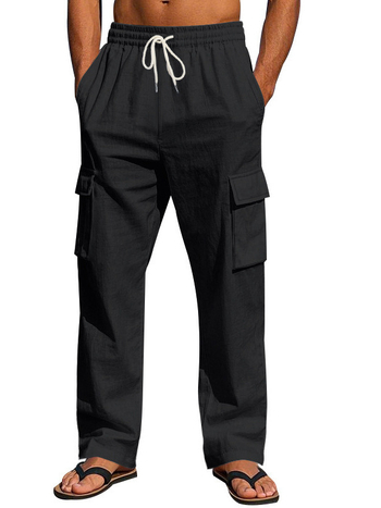 Férfi Határokon Átnyúló, Amerikai Stílusú, Pamut és Len Több Zsebes Cargo Nadrág, Nagy Méretű, Laza, Hosszú, Egyenes Nadrág