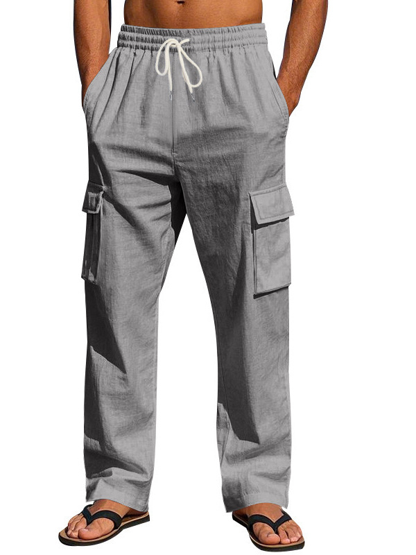 Férfi Határokon Átnyúló, Amerikai Stílusú, Pamut és Len Több Zsebes Cargo Nadrág, Nagy Méretű, Laza, Hosszú, Egyenes Nadrág