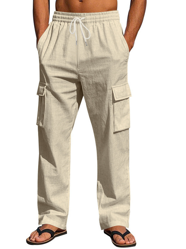 Férfi Határokon Átnyúló, Amerikai Stílusú, Pamut és Len Több Zsebes Cargo Nadrág, Nagy Méretű, Laza, Hosszú, Egyenes Nadrág
