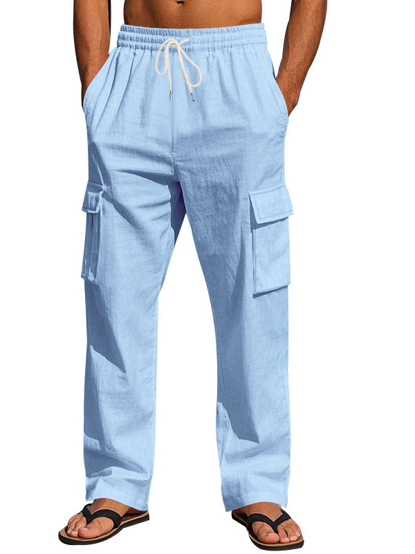 Férfi Határokon Átnyúló, Amerikai Stílusú, Pamut és Len Több Zsebes Cargo Nadrág, Nagy Méretű, Laza, Hosszú, Egyenes Nadrág
