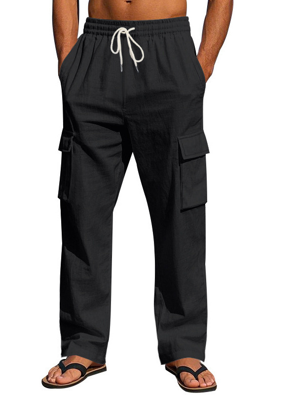 Férfi Határokon Átnyúló, Amerikai Stílusú, Pamut és Len Több Zsebes Cargo Nadrág, Nagy Méretű, Laza, Hosszú, Egyenes Nadrág