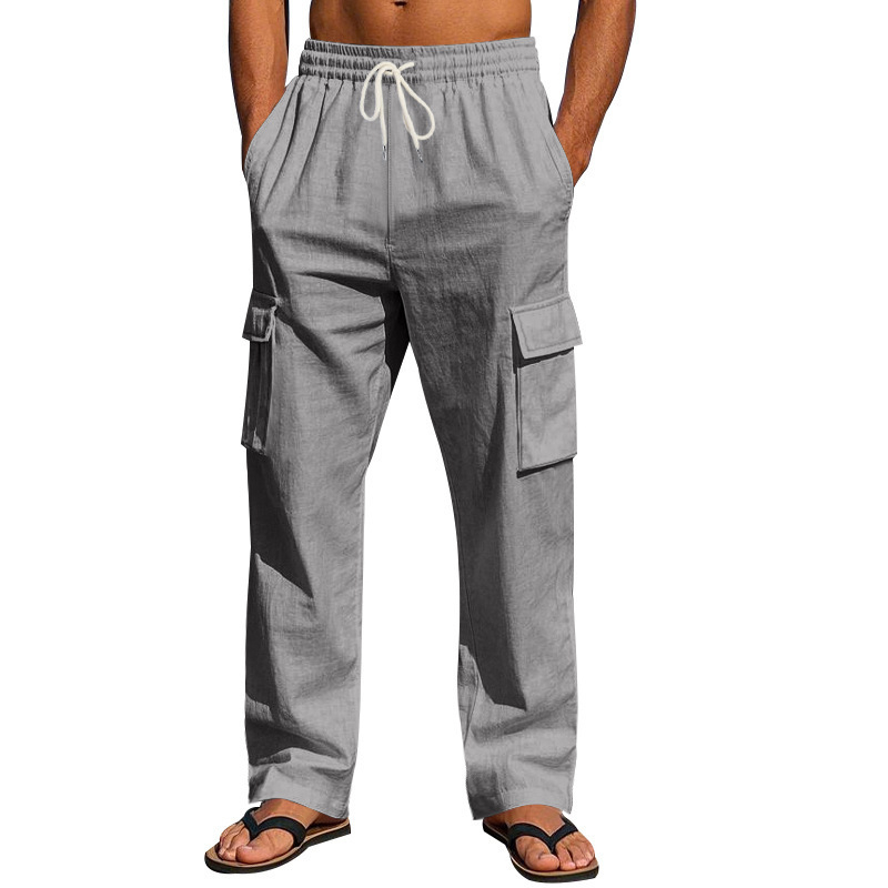 Férfi Határokon Átnyúló, Amerikai Stílusú, Pamut és Len Több Zsebes Cargo Nadrág, Nagy Méretű, Laza, Hosszú, Egyenes Nadrág