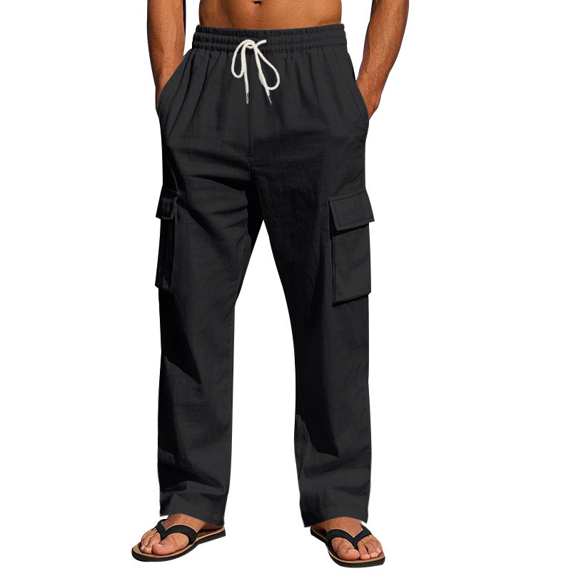 Férfi Határokon Átnyúló, Amerikai Stílusú, Pamut és Len Több Zsebes Cargo Nadrág, Nagy Méretű, Laza, Hosszú, Egyenes Nadrág