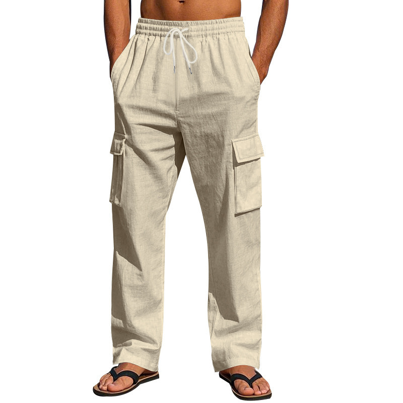 Férfi Határokon Átnyúló, Amerikai Stílusú, Pamut és Len Több Zsebes Cargo Nadrág, Nagy Méretű, Laza, Hosszú, Egyenes Nadrág