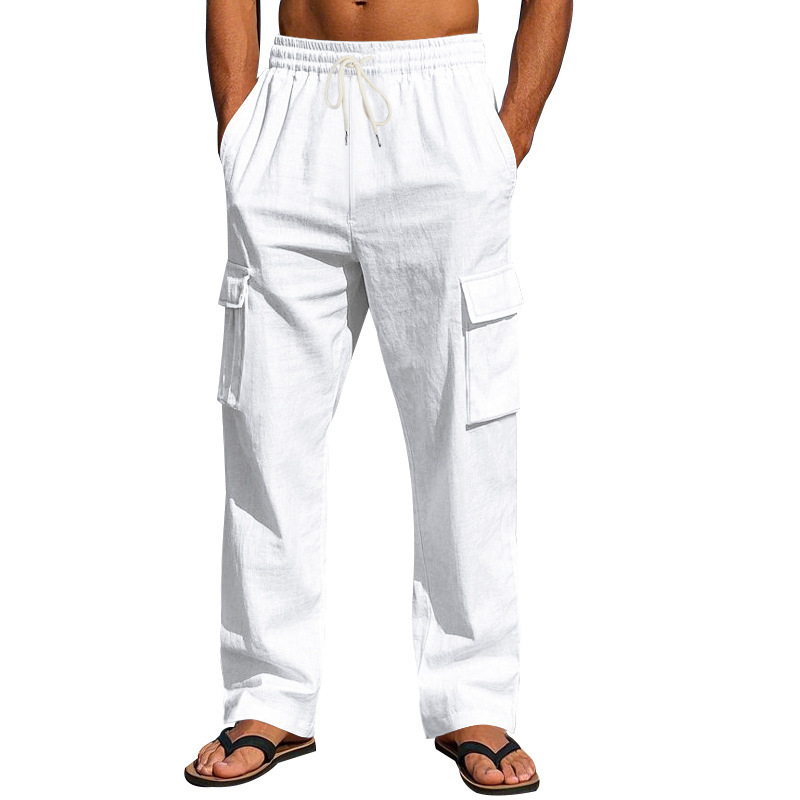 Férfi Határokon Átnyúló, Amerikai Stílusú, Pamut és Len Több Zsebes Cargo Nadrág, Nagy Méretű, Laza, Hosszú, Egyenes Nadrág